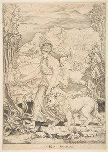 Męstwo w widoku z profilu idąc w kierunku ognia po lewej stronie i prowadząc zaprzężoną lw..., ca. 1515-27. autorstwa Marco Dente