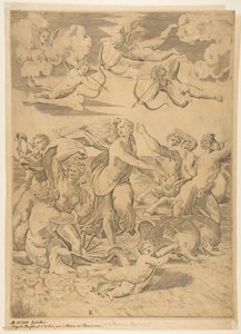 Galatea jadąca w muszli ciągniętej przez delfiny w wodzie, amorek poniżej i f..., ca. 1515-27. autorstwa Marco Dente