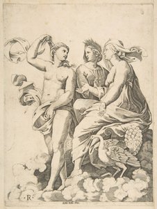 Juno, Ceres i Psyche rozmawiają w chmurach, Juno siedząca z pawiem przy niej..., ca. 1515-27. autorstwa Marco Dente