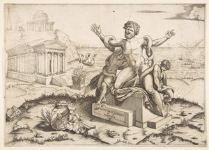 Laokoona i jego dwóch synów atakowani przez węże na piedestale, świątynia Mi..., ca. 1515-27. autorstwa Marco Dente