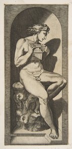 Olympus nagi, siedzący na pniu z rurami, osadzony w niszy, ok. godz. 1515-27. autorstwa Marco Dente
