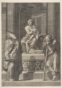 Św. Józef po lewej i biskup po prawej stojący przed ołtarzem Matki Boskiej..., ca. 1515-27. autorstwa Marco Dente