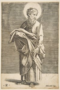 Św. Paweł patrzący w prawo trzymający miecz i księgę, ca. 1515-27. autorstwa Marco Dente