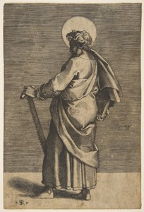 Święty Szymon stojący zwrócony w lewo, trzymający piłę i książkę, ok. godz. 1515-27. autorstwa Marco Dente