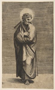 Św. Tomasz trzymający kwadratową regułę, z głową zwróconą w prawo, ca. 1515-27. autorstwa Marco Dente