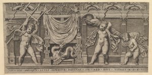 Lustro rzymskiej wspaniałości: płaskorzeźba z trzema amorkami, 1519 autorstwa Marco Dente