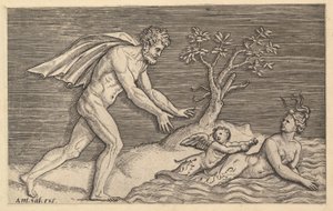 Zwierciadło rzymskiej wspaniałości: nagi mężczyzna w pogoni za najadą, ca. 1515-1527. autorstwa Marco Dente