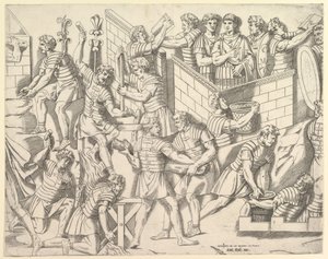 Speculum Romanae Magnificentiae: Żołnierze rzymscy umacniający obóz, z Trajana..., XVI wiek. autorstwa Marco Dente