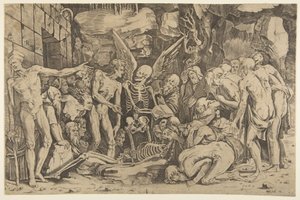 Szkielety, grupa wychudzonych mężczyzn i kobiet skupionych wokół szkieletu ułożonego na..., 1515-27.