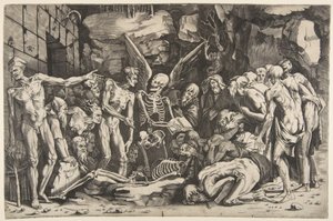 Szkielety, grupa wychudzonych mężczyzn i kobiet skupionych wokół szkieletu ułożonego na..., 1515-27.