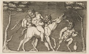Dwóch satyrów sadzających Silenusa na ryczącym mule i trzeciego satyra po prawej stronie, ca. 1515-27.