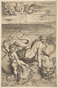Wenus i Kupidyn dosiadają dwóch morskich potworów, Kupidyn unosi strzałę w prawej ręce, t..., ca. 1515-27. autorstwa Marco Dente