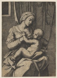 Dziewica karmiąca Dzieciątko Chrystus na kolanach, 1515-20. autorstwa Marco Dente