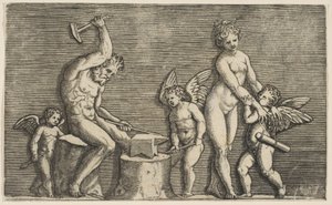 Wulkan siedzący młotkiem w kowadle otoczonym przez Wenus i trzy amorki, ca. 1515-27. autorstwa Marco Dente