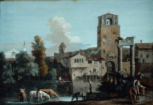 Capriccio z końmi podlewającymi w rzece poza murami miasta autorstwa Marco Ricci