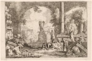 Capriccio antycznych ruin z mężczyznami wpatrującymi się w klasycznego oratora autorstwa Marco Ricci