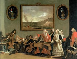 Próba opery, podobno Pyrrus i Demetriusz, która odbyła się w sali ćwiczeń w Haymarket Theatre, 1709 r.