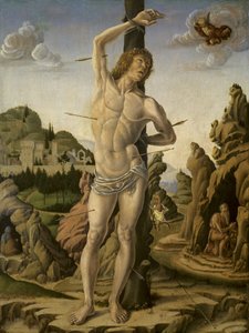 Święty Sebastian w skalistym krajobrazie ze świętymi Hieronimem, Antonim Opatem i Krzysztofem, ok. 1475-78