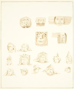 5 groteskowych głów w dzwonnicy katedry w Bristolu i 12 innych (ołówek i akwarela na papierze) autorstwa Marcus H. Homes