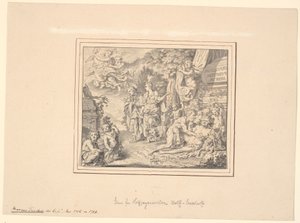 Alegoryczny liść z utopionym Silenusem i innymi mitologicznymi i alegorycznymi postaciami przy sarkofagu z napisem: "Sepulcrum pudicitiae mortae" autorstwa Marcus Tuscher