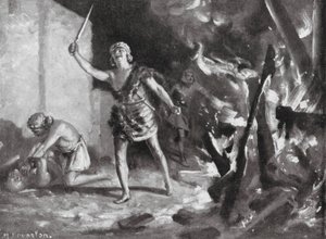 Elamici palący i plądrujący babilońską wioskę (litografia)