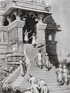 Kirtivarman Chandella odwiedza swoją świątynię w Khajurahu, AD 1065 (litografia) autorstwa Margaret (after) Dovaston