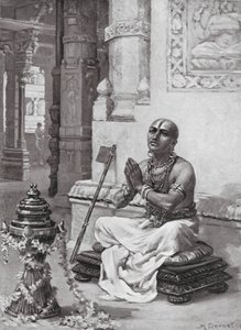 Ramanuja kontemplujący swoją Filozofię Jednego Osobowego Boga, AD 1100 (litografia) autorstwa Margaret (after) Dovaston