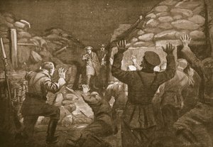 Niemiecki oficer i czternastu jego ludzi woła o litość do porucznika Leacha (litografia) autorstwa Margaret Dovaston