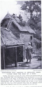 Bombardier King asystujący przy obserwacjach artyleryjskich z dachu stodoły po drugiej stronie rzeki Lys, październik 1914 r. (litografia) autorstwa Margaret Dovaston