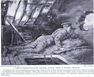 Starszy sierżant kompanii Barwick strzelający ze zrujnowanej chaty w Ghehuvelt, październik 1914 r. (litografia) autorstwa Margaret Dovaston