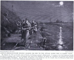 Starszy sierżant kompanii Seaman prowadzący swoich ludzi wzdłuż kanału La Basse, luty 1915 r. (litografia) autorstwa Margaret Dovaston
