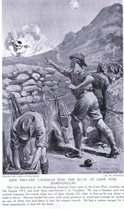 Jak szeregowy Vaughan zdobył DCM pod Lone Pine w Dardanelach w sierpniu 1915 r. (litografia) autorstwa Margaret Dovaston