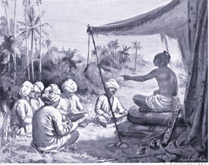 Kulottunga Chola instruuje swoich geodetów 1086 r. n.e. (litografia) autorstwa Margaret Dovaston