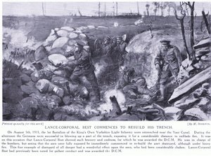 Kapral Best odznaczony DCM za rozpoczęcie odbudowy okopu w pobliżu kanału Yser pod ciężkim ostrzałem w sierpniu 1915 r. (litografia) autorstwa Margaret Dovaston