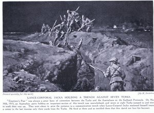 Kapral Jacka zdobywa VC, pokazując, jak jeden człowiek może pokonać siedmiu maj 1915 r. (litografia) autorstwa Margaret Dovaston