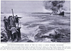 Komandor porucznik Boyle w E14 zatapia duży turecki transport 1915 (litografia) autorstwa Margaret Dovaston