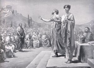 Perykles błagający o Aspazję, ilustracja z "Historii narodów Hutchinsona autorstwa Margaret Dovaston