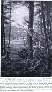 Szeregowy Edom polujący na snajperów w Chivy Wood, jesień 1914 r. (litografia) autorstwa Margaret Dovaston