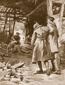 Szeregowy J.S. Kerr udzielający pierwszej pomocy rannym na farmie, która była silnie ostrzeliwana (litografia)