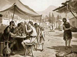 Spartanie jedzący przy publicznych stołach, ilustracja z "Hutchinson