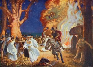 Masakra druidów w Anglesey przez Rzymian w 60 r. n.e., ilustracja z "Hutchinson