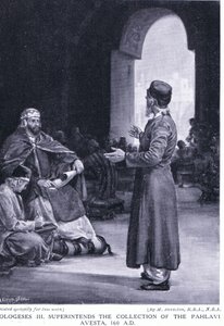 Vologeses III nadzoruje kolekcję Pahlavi Avesta 160AD (litografia) autorstwa Margaret Dovaston