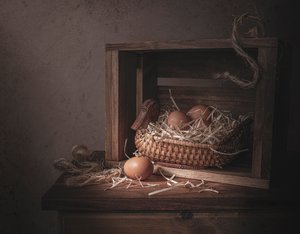 Jajka w rustykalnym koszyku z motywem kaczek autorstwa Margareth Perfoncio