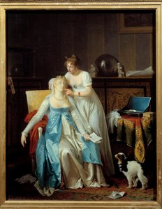 Złe wieści Dziewczyna ubrana w strój Premier Empire mdleje, gdy czyta list zapowiadający nieszczęście. Obraz Marguerite Gerard (1761-1837) 1804 Nd. 0,63x0,5 m²