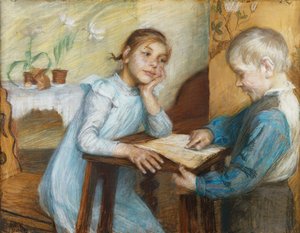Wnętrze z chłopcem czytającym dziewczynie, 1912