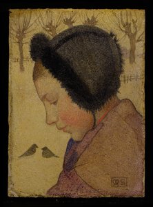 Głowa młodej dziewczyny w futrzanej czapce (olej i zaprawa na pokładzie) autorstwa Marianne Stokes
