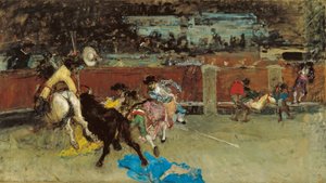 Walka byków. Ranny Picador - Fortuny, Maria (1838-1874) - ca 1867 - Olej na płótnie - 80,5 x 140,7 - Museo Carmen Thyssen, Malaga autorstwa Mariano Fortuny y Marsal