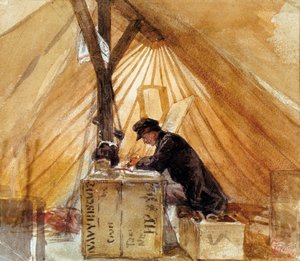 Nasz namiot. Obraz Mariano Fortuny (1838-1874). Akwarela, wykonana podczas wojny afrykańskiej (1859-1860), szkoła hiszpańska, sztuka romantyczna. Muzeum Regionalne Salvadora Vilaseca, Reus (Hiszpania).