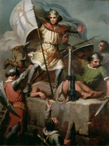 Hrabia Berenguer III podnosi standard Barcelony na wieży zamku Foix autorstwa Mariano José María Bernardo (1838 74) Fortuny y Carbó