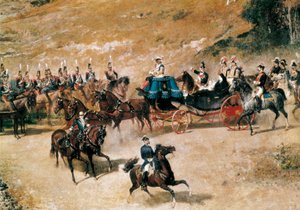 Królowa Maria Cristina i jej córka Izabela II, dokonując przeglądu baterii artyleryjskich broniących Madrytu w 1837 r. 1866 (olej na płótnie)